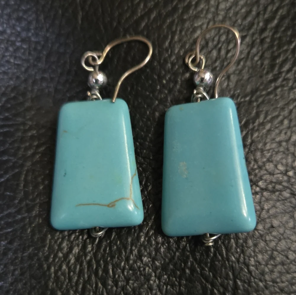 Turquoise natural large chunk hand wrapped sterling silver earrings - Picture 4 of 6